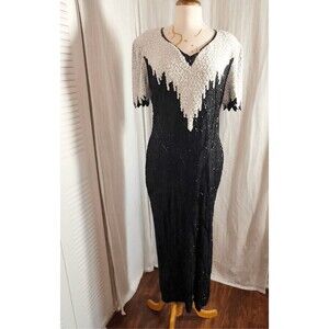 Laurence Kazar Dress Petite L Women’s Vintage Beaded Black White Evening Gown